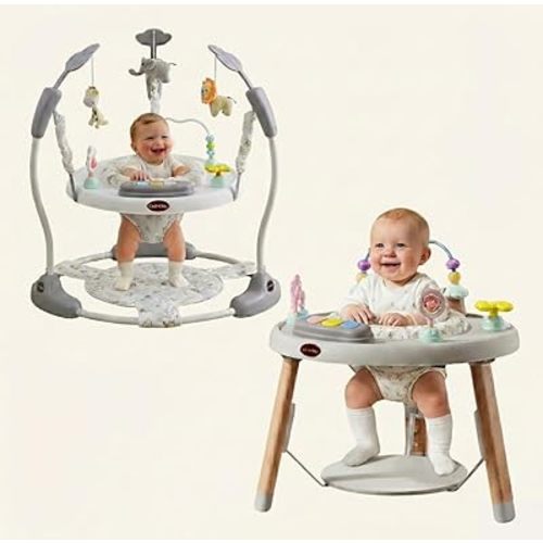 CuddoBaby Baby Jumper 4-Stage Convertible| Montessori -Inspired 8 Interactive Toys| Tummy Time Playmat, Bouncer, Exersaucer, Toddler Table| Music & Lights | 3-6, 6-12, 12-18, 12-24 Months - Gray