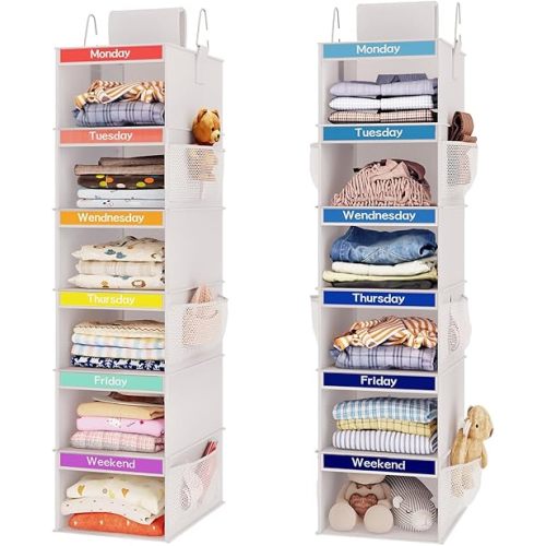 Fixwal 2 Pack 6-Shelf Weekly Hanging Closet Organizer for Kids, Kids Daily Clothes Organizers with 6 Side Pockets, Days of The Week Hanging Storage Shelves (White)