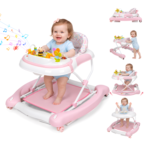 PRVAETU 5 in 1 Baby Walker for Boys Girls,Rocking,Push,Trampoline Bouncer,Foldable,Music & Light,Height Adjustable,Wheels for 6-18Months Infants,Pink