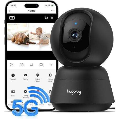 Hugolog 3K 5MP Indoor Pan/Tilt Security Camera with Auto-Focus,2.4 GHZ/5 GHZ,Ideal for Baby Monitor/Pet Camera,Starlight Color Night Vision,Human/Pet AI,Two-Way Audio,US Cloud,Compatible with Alexa