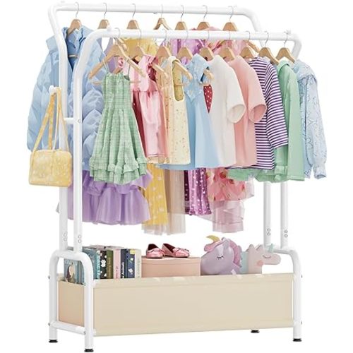 Upgraded Kids Clothing Rack: Dress up Storage Baby Toddler Coat Wardrobe Rack for Hanging Clothes, Small Portable Double Rod Garment Racks with Storage Shelf for Costumes, Princess Dresses, Shoes