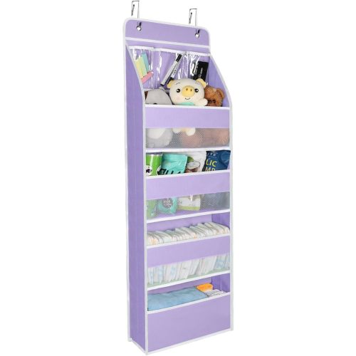Univivi 5-Shelf Fabric Door Storage Over Door Hanging Organizer with 4 Large Pockets and 3 Small PVC Pockets Nursery Closet Cabinet Wall Mount Hanging Storage Organizers for Baby Nursery (Purple)