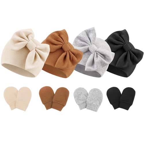 BQUBO Newborn Baby Hats Mittens Set Hospital Hat Beanie Infant Bow Hats Baby Gloves No Scratch Mittens for 0-6 Months