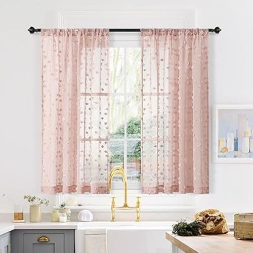 MYSKY HOME Pink Sheer Short Curtains for Small Windows Kitchen 45 inch Long with Pom Pom Bedroom Nursery Kids Girls Room Curtains Cafe Light Filtering Boho Drapes, Rod Pocket,38" Wide, 2 Panels