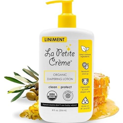 La Petite Creme French Premium Liniment Baby Lotion - Diaper Cream Alternative to Wet Wipes - Gentle Moisturizer & Skin Cleanser, USDA Certified Organic Ingredients - Newborn Essentials (8 oz)