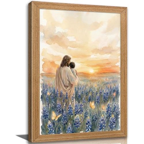 Framed Jesus Canvas Wall Art Jesus Holding Child In The Flower Patch Wall Decor Baby Being with Jesus Painting Picture Christian Faith Poster Print Artwork for Nursery Church Prayer Room