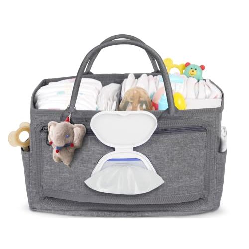 Volnamal Diaper Caddy with Wipe Dispenser One-Handed Access, Grey | Premium Diaper Organizer, Portable Car Organizer Nursery Basket for Newborn Essentials, Registry Must Haves for Boys & Girls