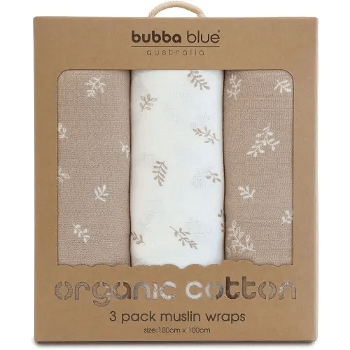 Bubba Blue Organic Cotton Muslin Wraps, Chestnut (Pack of 3)