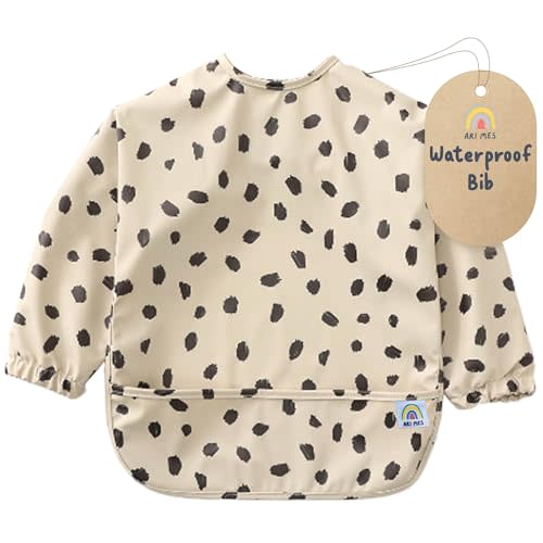 ARI MES Waterproof Long Sleeve Baby Bib for Eating-Black Spots Pattern, Medium-Toddler Smock with Catch-All Pocket, BPA Free, Machine Washable, Wearable Feeding Bib for Boys & Girls 6-72 Months