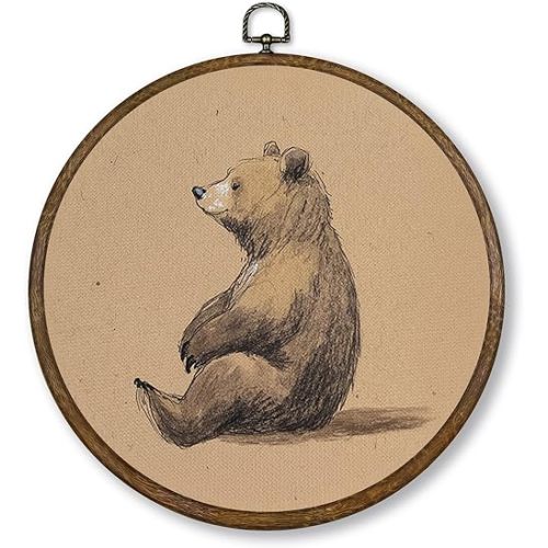 Qskjre Vintage Woodland Bear Wall Art Decor, Rustic Forest Animal Round Wood Framed Canvas Wall Artwork, Wildlife Hanging Prints for Nursery Kids Log Cabin Living Room Bedroom Decorations 10"x10"