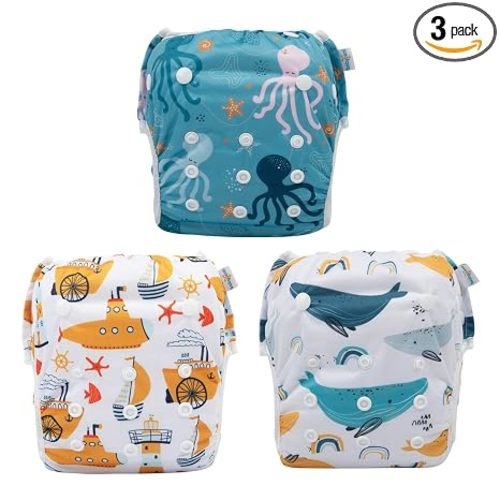 Babygoal Baby Swim Diapers 3 Pack for 0-8 Months Infant Girls and Boys, Reusable Adjustable Washable for Swimming Lessons-Shark & Octopus