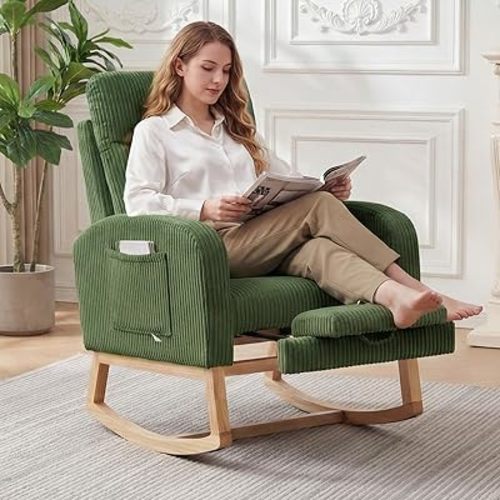 Garvee Nursery Rocking Chair, Corduroy Upholstered Rocking Chair with Adjustable Footrest, Tufted Rocker Chair with Side Pocket, Glider Rocker for Living Room, Bedroom