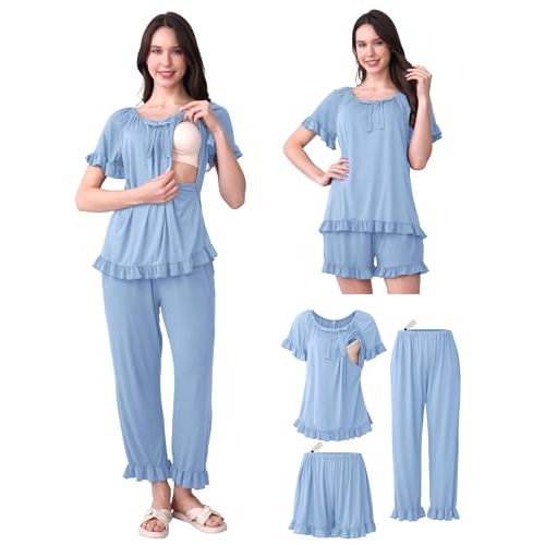 SUNNYBUY 3Pcs Ruffle Trim Postpartum Nursing Pajamas Set with Bowknot, Maternity Breastfeeding PJS Pregnancy Sleepwear