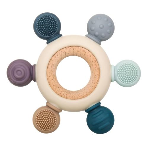 Baby Teething Toys for 3 Months+, Silicone Teethers BPA Free Silicone Rudder with Wooden Ring Soothe Babies Gums (Grey)