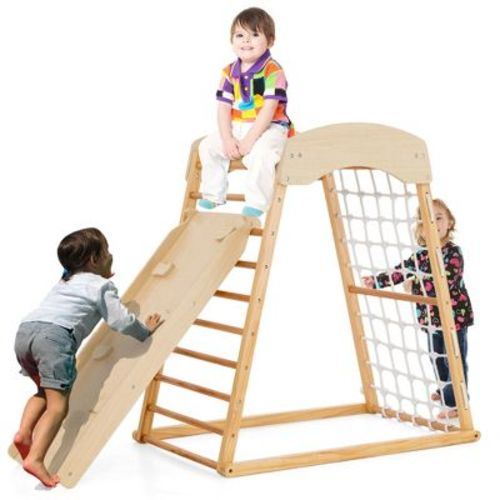 Costway 6-in-1 Wood Jungle Gym Montessori Climbing Play Set with Double-sided Ramp Colorful