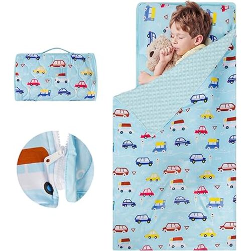 YCDTMY Nap Mats with Pillow 55‘’*29‘’, Cotton Toddler Sleeping Bag with Removable Minky Blanket, Daycare Nap Mat for Preschool Kindergarten, Kids Sleep Mat Napping Mat for 2-7 Years, Blue Car