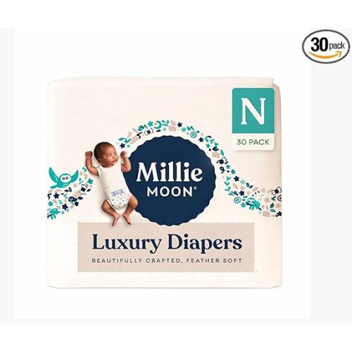 Millie Moon Luxury Disposable Baby Diapers Newborn Size I 30 Count I Ultra Soft Comfort, Absorbent Core for Day & Night Use, Wetness Indicator, Gentle Materials, Secure Fit