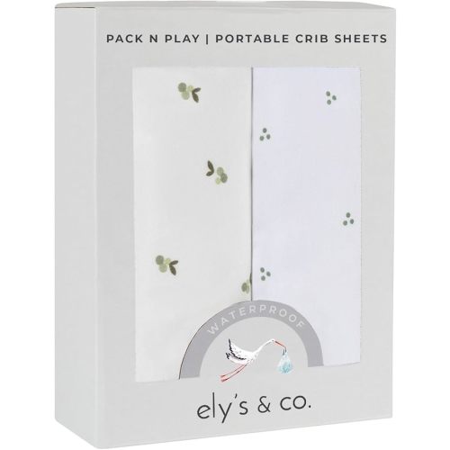 Ely's & Co. Patent Pending Waterproof Pack and Play Sheets, 100% Cotton with Waterproof Lining – 2 Pack Fitted Mini Crib Sheet Set, Berry and Cluster Dot (Sage) 38” x 24”