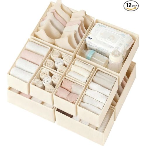 Criusia Drawer Organizer Clothes 12 Pack, Dresser Organizer for Nursery Bedroom Closet Organization and Storage - Baby Clothes Organizer Bins - Drawer Divider for Sock Underwear Bra Ties (Beige)