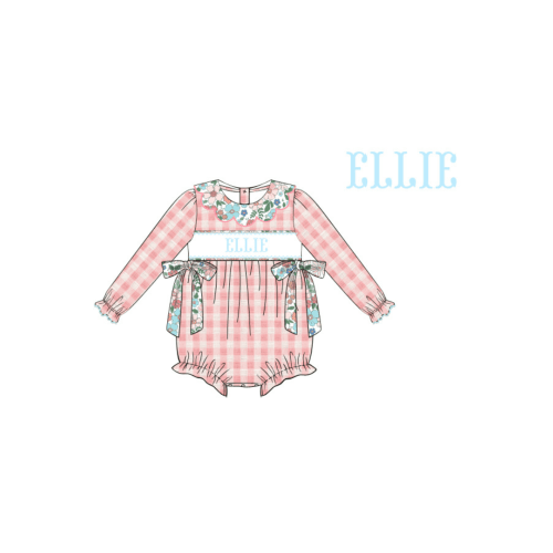 Pre-Order Hand Smocked Custom Name Pink Floral and Gingham Bubble