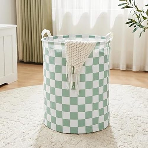 Ohocut Sage Green Checkered Laundry Basket, Collapsible Aesthetic Cute Canvas Organizer Hamper Basket for Storage, Toy Bins, Bedroom Clothes, Children Nursery, Gift Basket