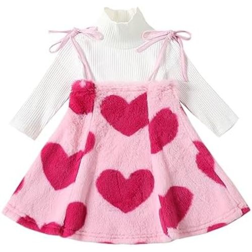 Toddler Kids Girl Skirts Set Baby Valentines Outfit Ribbed Long Sleeve Tops Heart Slip Suspender Skirt Spring Dress