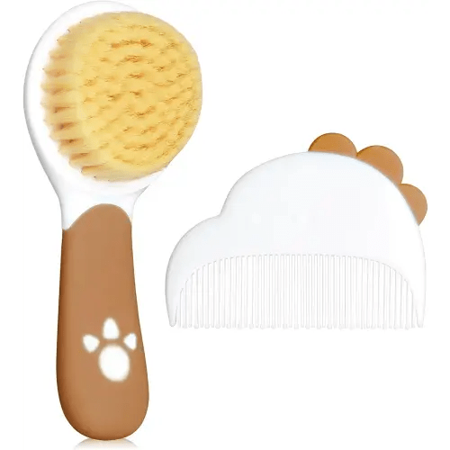 Baby Hair Brush and Comb Set, Soft Bristles Cradle Cap Brush for Newborns, Toddlers, Baby Registry Gift (Wood Color)