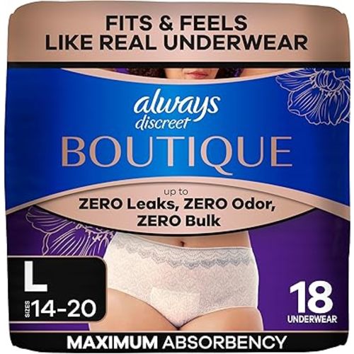 Always Discreet Boutique Incontinence and Postpartum Underwear for Women, Maximum Protection, Large, Rosy, 18 Count