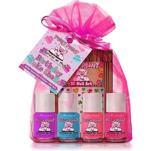 Piggy Paint | 100% Non-Toxic Girls Nail Polish | Safe, Cruelty-free, Vegan, & Low Odor for Kids | Birthday Cake Shake Set (4 Polish + Nail Art Gift Set)