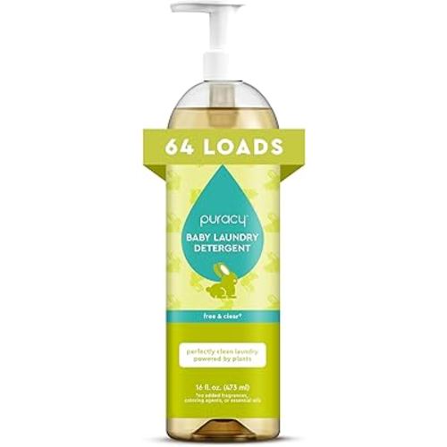 Puracy Liquid Baby Laundry Detergent - 1,4 Dioxane Free, Natural, Scent-Free Gentle Laundry Detergent Liquid Concentrate Laundry Pouch with Stain Fighting Enzymes (Baby- Free & Clear, 16oz)