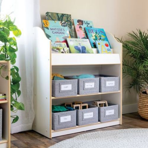 Guidecraft EdQ Book and Bin Browser: Kids Wooden Book Rack and Toy Storage Organizer, Home and Classroom Educational Furniture