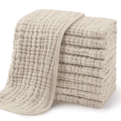 Yoofoss Muslin Burp Cloths for Baby 10 Pack 100% Organic Cotton Baby Washcloths for Boys Girls Large 20''X10'' Super Soft and Absorbent Apricot White