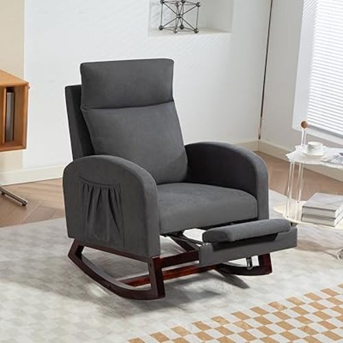 Rocking Chair Nursery Glider Chair with Foot Rest, Nursery Rocking Chairs with Rubber Wood Legs Side Pocket, High Back Nursing Chair, Accent Rocker Arm Chair Baby Bedroom, Living Room, Gray