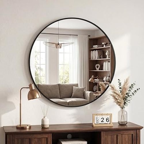 DUMOS 28 Inch Round Wall Mirror, Bathroom Mirror for Over Sink, Matte Metal Framed Circle Vanity Mirror, Wall Decor for Bedroom, Entryway, Anti-Rust, Tempered Glass, Hanging or Leaning,Black