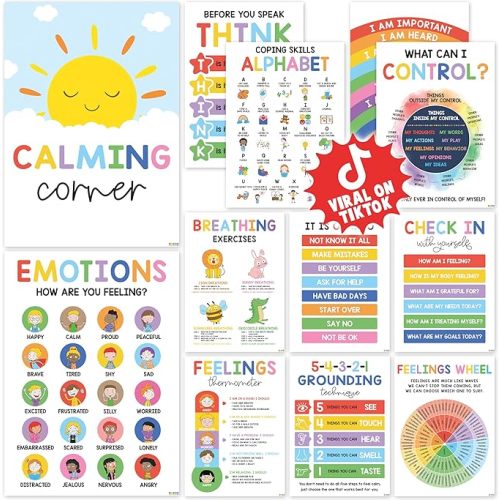 Boho 12 Calming Corner Classroom Posters (10x14) - Feelings Wheel Chart & Emotions Poster For Kids, Calm Down Corner Supplies For Therapy Office Decor, Mental Health Wall Decorations For Preschool