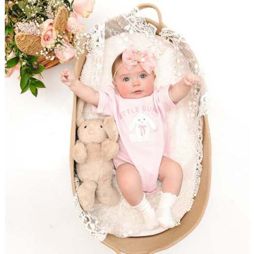 Little Bunny Patch Easter Short Sleeve Romper, Ballet - Sweet Wink | Maisonette