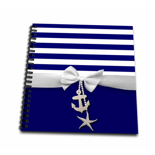 3dRose, Nautical navy blue and white stripes - 2D ribbon bow graphic and printed anchor and starfish charms, Memory Book 12 x 12 inch