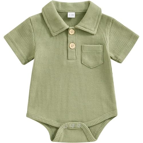 Lesimsam Newborn Baby Boy Clothes Waffle Knit Button Up Shirt Romper Solid Short Sleeve Collared Bodysuit One-Piece Outfit