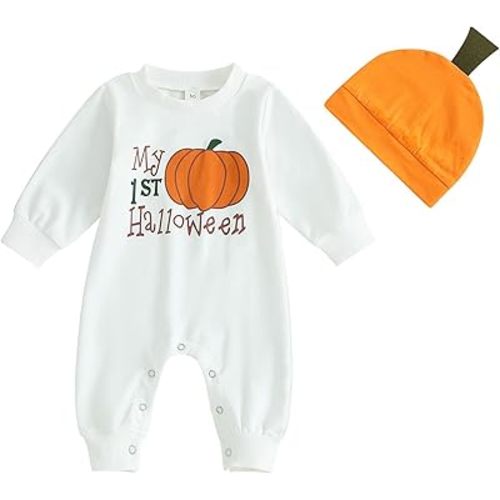 Ledy Champswiin 2Pcs Neutral Outfits Newborn Baby Boy Girl Pumpkin Romper Jumpsuit My 1st Halloween Clothes with Hat