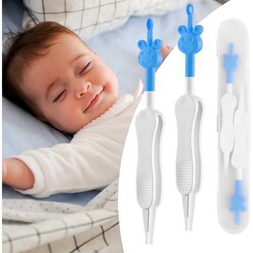 Baby Nose and Ear Cleaner Tool 3 in 1 Nose Cleaning Tweezers Baby Boogie Nose Picker Dual Earwax and Snot Removal Safe & Easy Infant Booger Picker for Sticky & Dried Boogers (Blue)