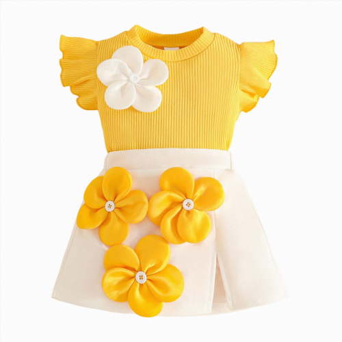 CAICJ98 Toddler Baby Girl Skirts Outfit Ribbed Ruffle Short Sleeve Flower Tops Skirt Infant Newborn Summer Clothes (Yellow,12-18 Months)
