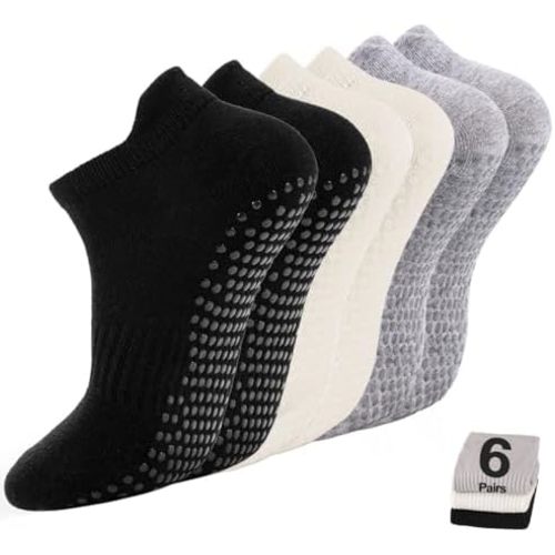 5 Pairs Pilates Socks with Grips for Women Non Slip Grip Yoga Crew Socks for Barre Hospital Barefoot Workout