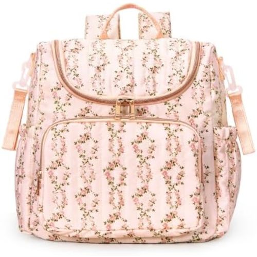 Quilted Diaper Bag Backpack Large Floral Puffy Backpack Multi-compartment Baby Storage Backpack for Travel Hospital