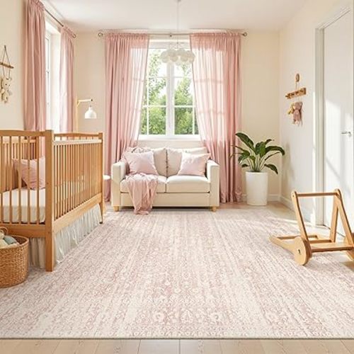 Soalmost Pink 8x10 Area Rugs for Baby Girl Nursery, Washable Rugs Vintage Floral Non-Slip Low Pile Soft Throw Carpet for Living Room Dining Room Bedroom Kids Playroom (Pink, 8'x10')