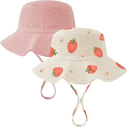 2 Pack Muslin Baby Sun Hat UPF 50+ Sun Protection Baby Bucket Hat with Wide Brim Beach Hats for Boys Girls