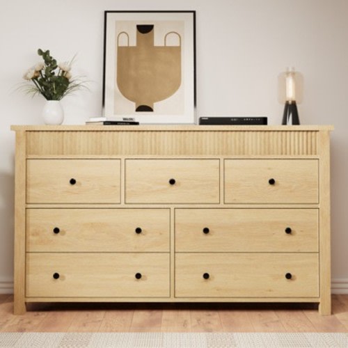 Garvee Fluted 7 Drawer Dresser, Natural Oak 7 Chest of Drawers with Fluted Design, 54" Wide Wooden Dresser Organizer for Bedroom Living Room Nursery