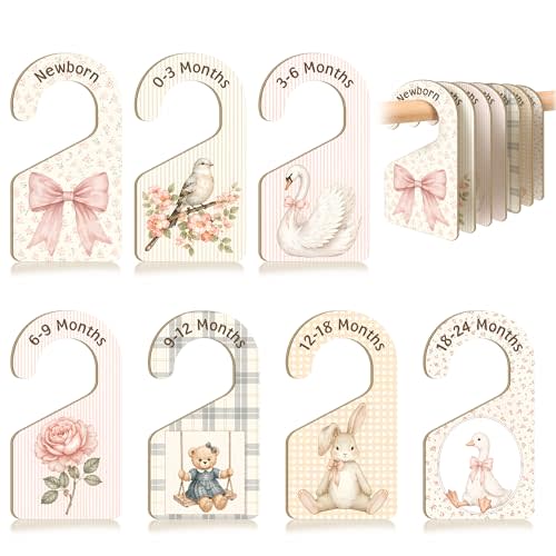 7 PCS Pastel Floral Closet Dividers for Girls Nursery, Wooden Clothes Size Separators with Vintage Bow Theme from Newborn to 24 Months