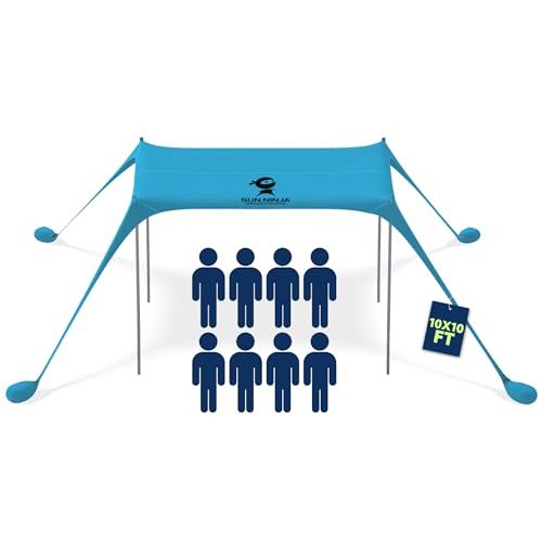 SUN NINJA Beach Tent Sun Shelter UPF50+ - Easy Pop Up Beach Canopy - Outdoor Shade for Camping Trips, Fishing, Backyard Fun Picnics - Sand Shovel, Ground Pegs & Stability Poles