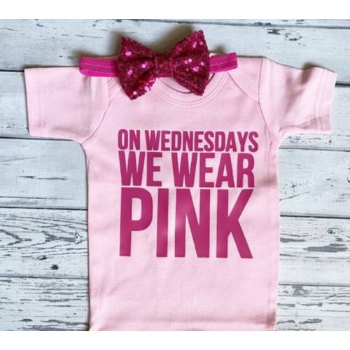 On Wednesdays We Wear Pink bodysuit and Headband, Pink bodysuit, Baby bodysuit, Newborn, Pink Shirt, Mean Girls, Pink Sequin Headband