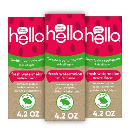 Hello Natural Watermelon Flavor Baby & Kids Fluoride Free Toothpaste, Vegan, SLS Free, Gluten Free, Safe to Swallow for Baby and Toddlers, 4.2 Ounce (Pack of 3)
